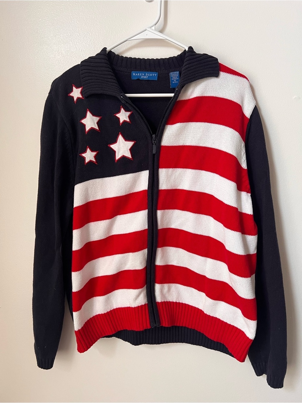 Vintage 4th of July American Flag Patriotic Sweater Zip Up Red White Navy